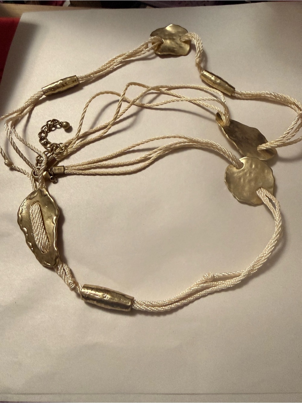 Chico’s 40” Long Ivory Multi Strand Cord Hammered Gold Tone Statement Necklace
